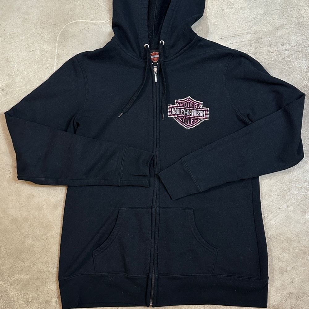 Harley Davidson Bling Full Zip Black Pink Hooded Sweatshirt Chicago IL Large - Picture 4 of 9